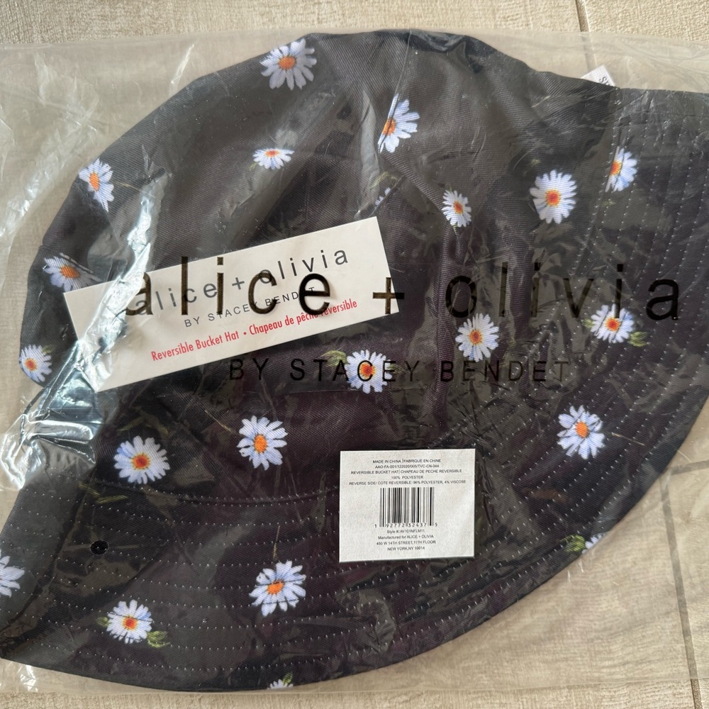 Alice + Olivia black bucket hat with white flowers